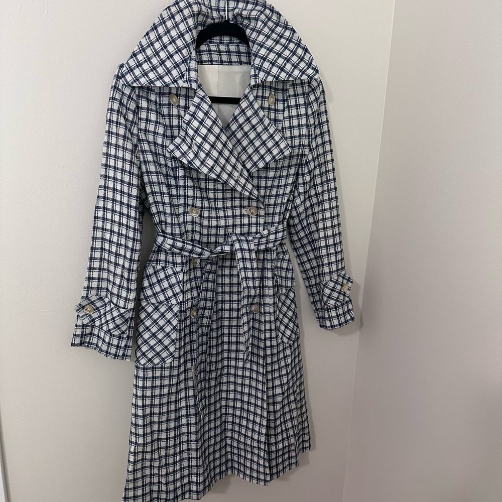 Vintage Greenlea Trench Coat, Blue + White Plaid, NWT